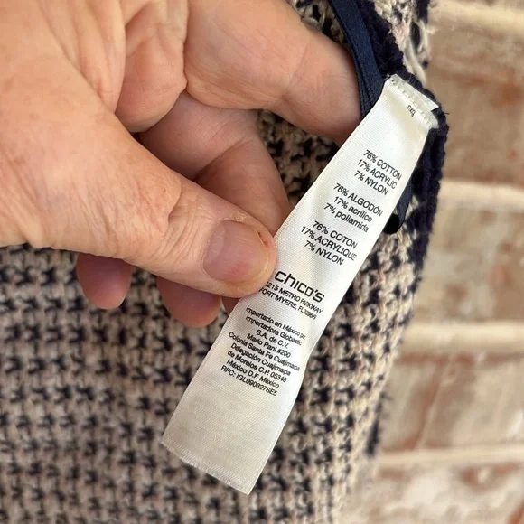 Chico's Lucy Navy and Cream Patterned Fringe Open Cardigan - Picture 7 of 11